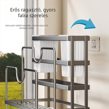 Konyhai tároló állvány többfunkciós edény- és eszköztartóval, vágódeszka és fedők tárolására — minimalista trapéz alakú dizájn, falra akasztható kivitel, szénacél, 889 g