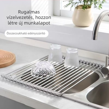 Összecsukható mosogatóedény-állvány zöldségek leeresztő kosárral