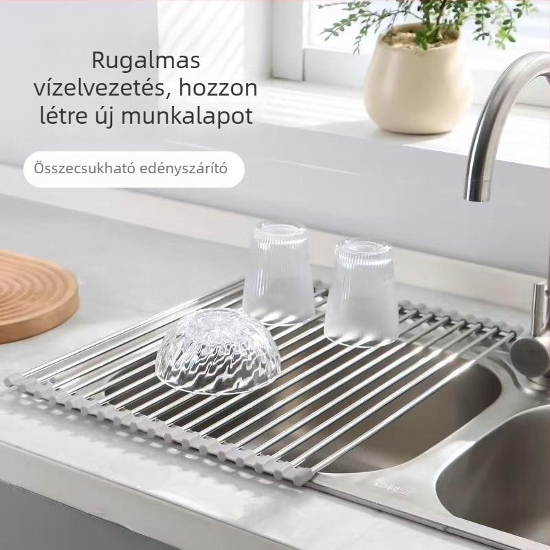 Összecsukható mosogatóedény-állvány zöldségek leeresztő kosárral