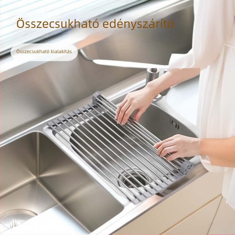 Összecsukható mosogatóedény-állvány zöldségek leeresztő kosárral