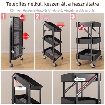 Háromszintes összecsukható fém tároló konyhába, fürdőszobába és nappaliba – hordozható, többfunkciós görgős állvány
