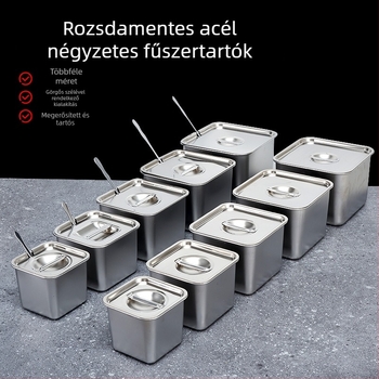 Rozsdamentes acélból készült fűszerdoboz, szilárd fűszerekhez, többfunkciós négyzetes tároló, nyomtatott logóval — Márka: Chao jizheng