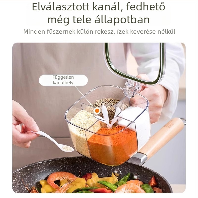 Műanyag konyhai fűszeres doboz több rekesszel, testreszabható sóhoz, MSG-hez és borshoz