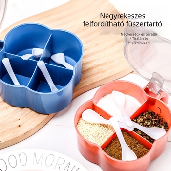 Négyrekeszes fűszerdoboz, műanyagból, nedvességálló, integrált tárolási kialakítás