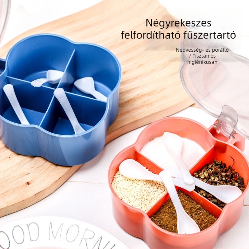Négyrekeszes fűszerdoboz, műanyagból, nedvességálló, integrált tárolási kialakítás