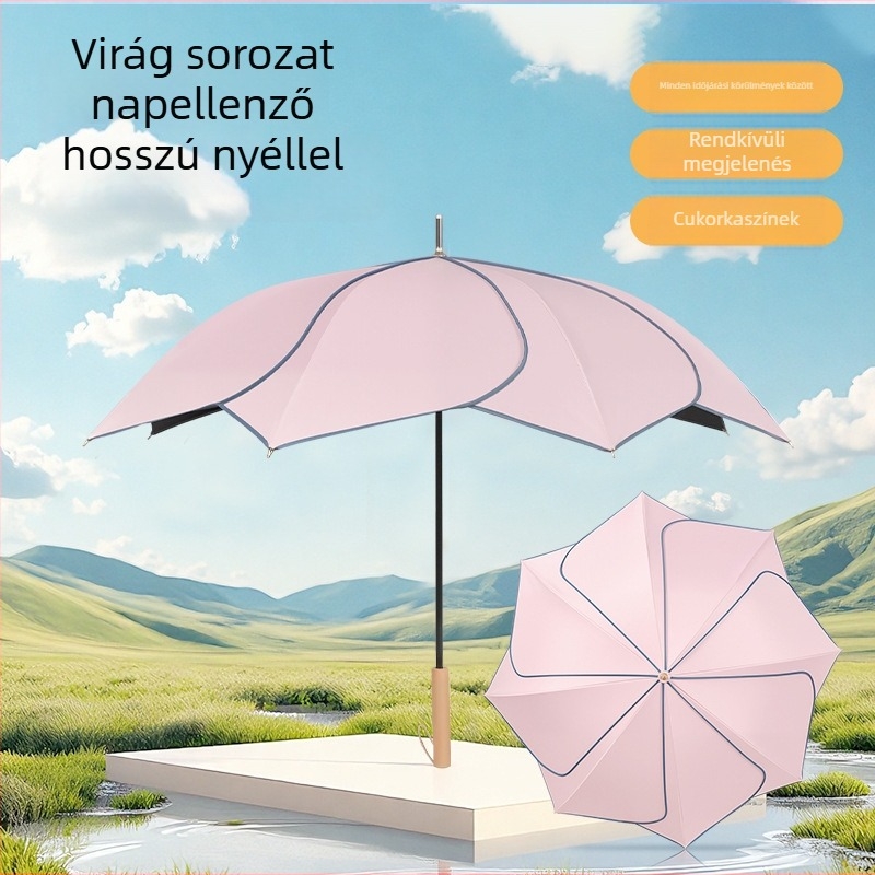 Retro stílusú hosszú nyelű esernyő esőre és napra; anyaga Chunya spinning vászon, rostos bordák, fa nyél, félautomata nyitás