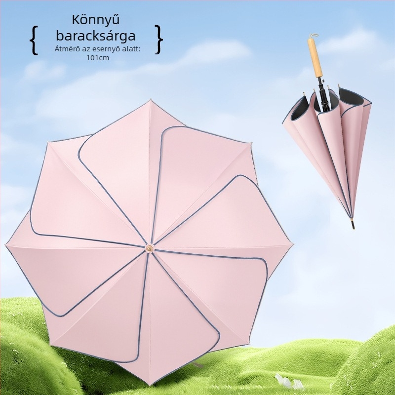 Retro stílusú hosszú nyelű esernyő esőre és napra; anyaga Chunya spinning vászon, rostos bordák, fa nyél, félautomata nyitás