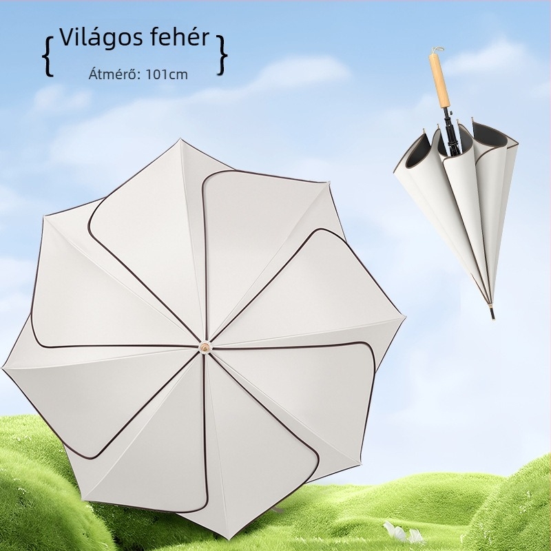 Retro stílusú hosszú nyelű esernyő esőre és napra; anyaga Chunya spinning vászon, rostos bordák, fa nyél, félautomata nyitás
