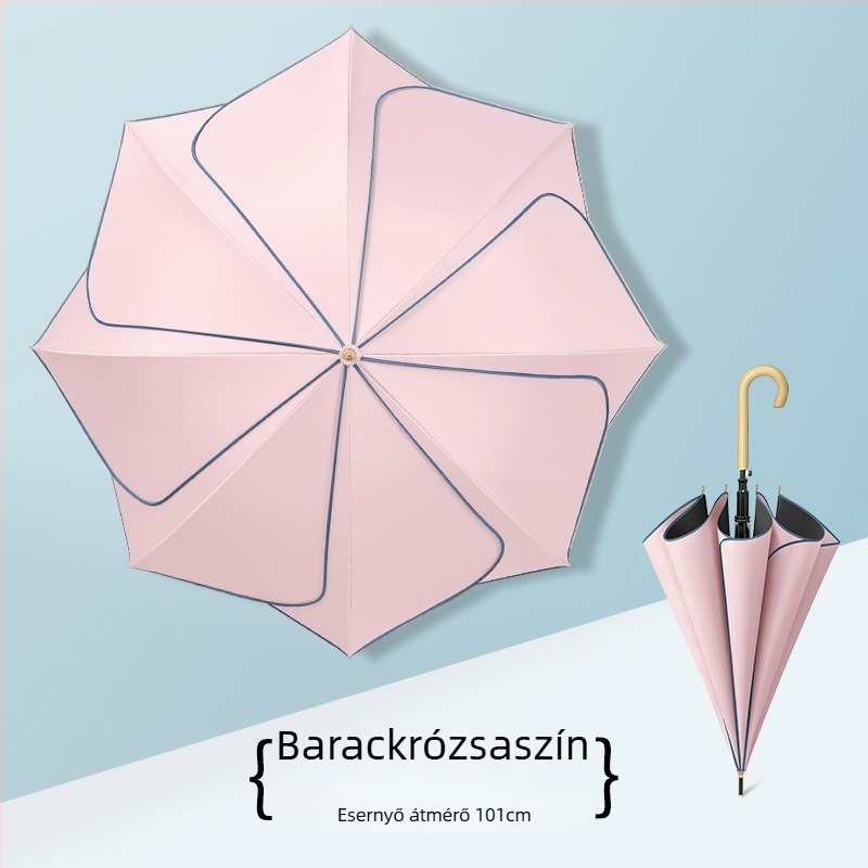 Retro stílusú hosszú nyelű esernyő esőre és napra; anyaga Chunya spinning vászon, rostos bordák, fa nyél, félautomata nyitás