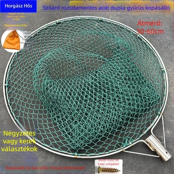 Kézzel készített horgász háló rozsdamentes acél fejjel, dupla gyűrűs kivitelben, kopásálló, halak és kacsák fogására