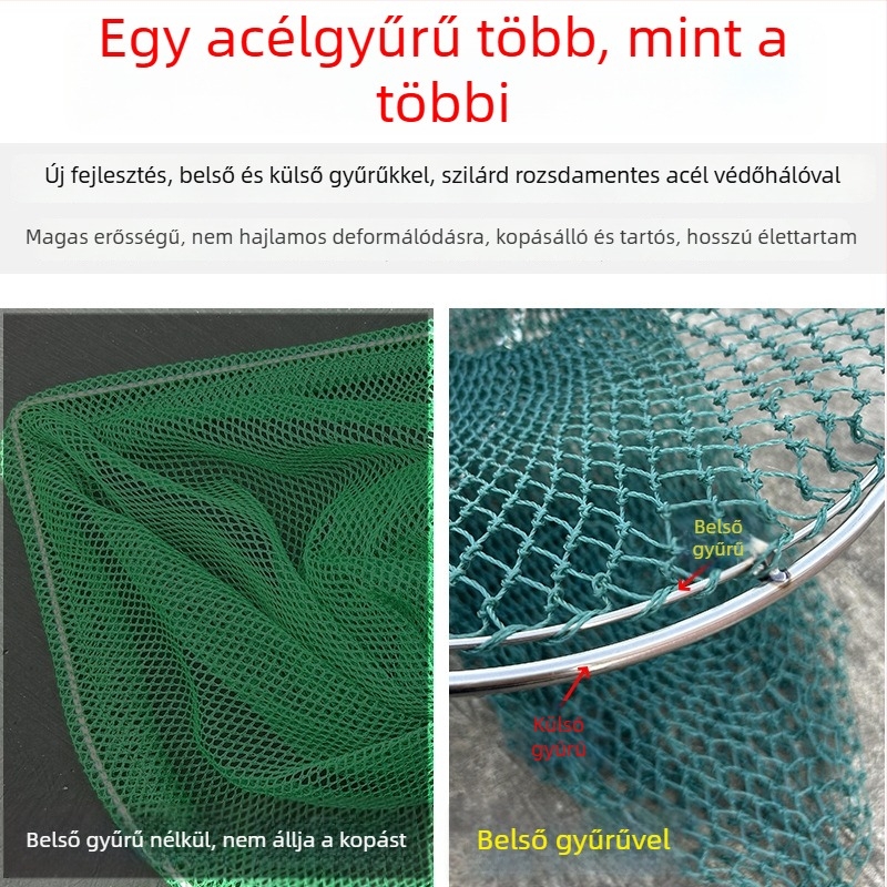 Kézzel készített horgász háló rozsdamentes acél fejjel, dupla gyűrűs kivitelben, kopásálló, halak és kacsák fogására