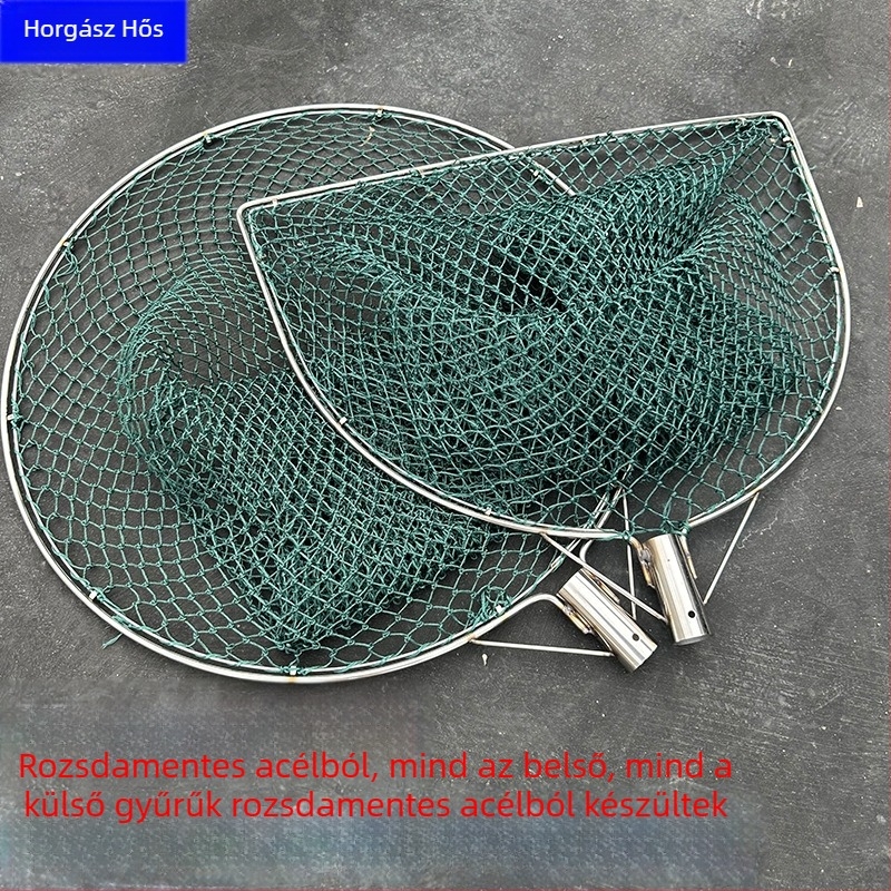 Kézzel készített horgász háló rozsdamentes acél fejjel, dupla gyűrűs kivitelben, kopásálló, halak és kacsák fogására