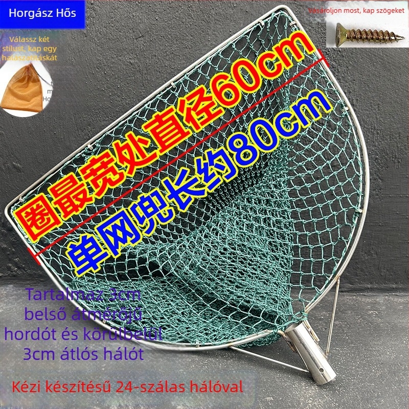 Kézzel készített horgász háló rozsdamentes acél fejjel, dupla gyűrűs kivitelben, kopásálló, halak és kacsák fogására