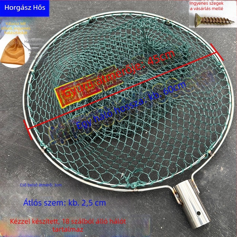 Kézzel készített horgász háló rozsdamentes acél fejjel, dupla gyűrűs kivitelben, kopásálló, halak és kacsák fogására