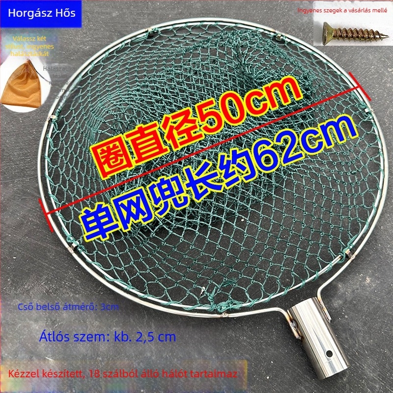 Kézzel készített horgász háló rozsdamentes acél fejjel, dupla gyűrűs kivitelben, kopásálló, halak és kacsák fogására