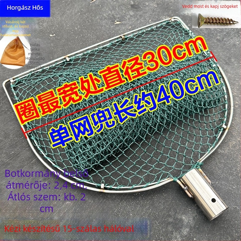 Kézzel készített horgász háló rozsdamentes acél fejjel, dupla gyűrűs kivitelben, kopásálló, halak és kacsák fogására