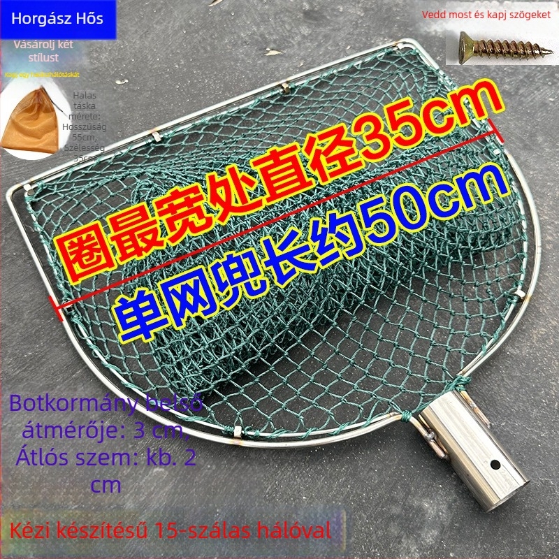 Kézzel készített horgász háló rozsdamentes acél fejjel, dupla gyűrűs kivitelben, kopásálló, halak és kacsák fogására