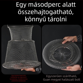 Összecsukható rozsdamentes acél halas kosár, 304-es rozsdamentes acélból, hordozható védőháló