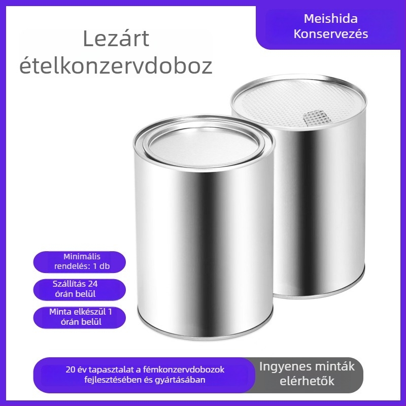 Kerek fém ételtároló doboz tinplate-ból, UV nyomtatással, kapacitás 10000, logó nyomtatva