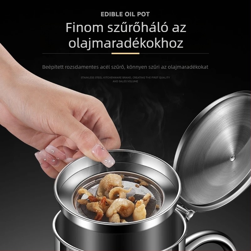 Extra vastag rozsdamentes acél olajtartó edény beépített szűrővel és tároló tartállyal, nagy kapacitású konyhai olajtartó
