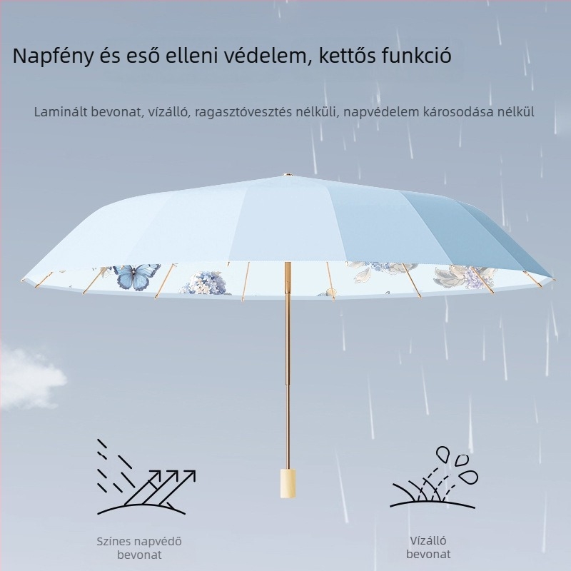 Esernyő 16 bordával, háromrészes kivitel, napsütésre és esőre kettős használat, ötvözetes bordák, erős fa markolat