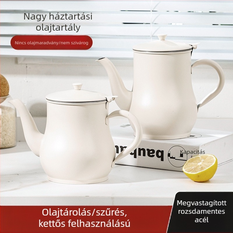 Inox acél olajtartó otthoni konyhához, szűrővel, élelmiszer-minőségű, extra vastag tároló.
