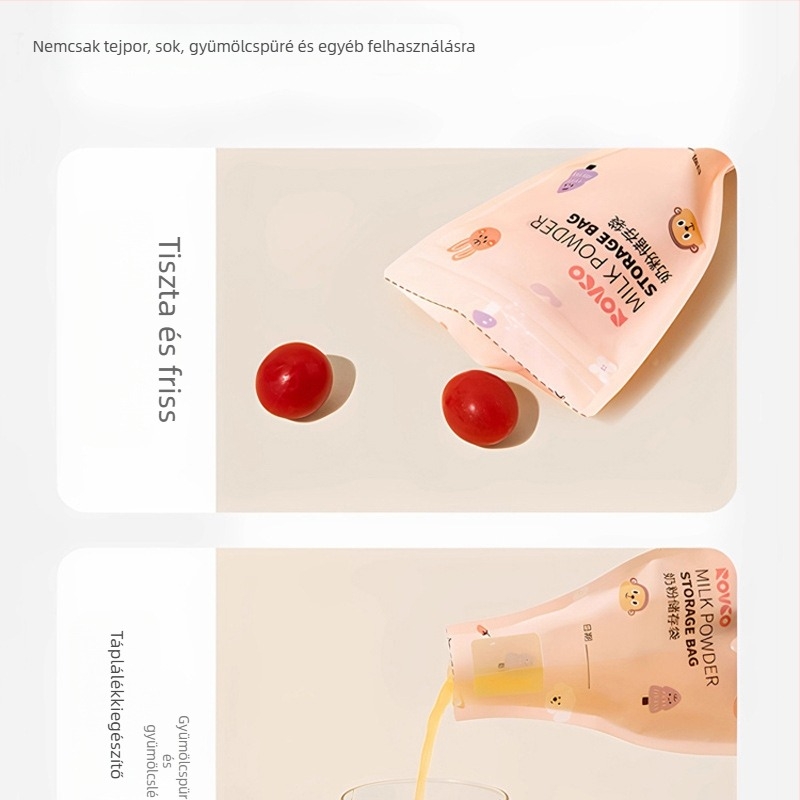 Egyszer használatos anyatejes tároló tasakok, hordozható és zárható útközben; 60 g kapacitás, anyag PET/PE nyomtatott tinta; 30 darabos csomag