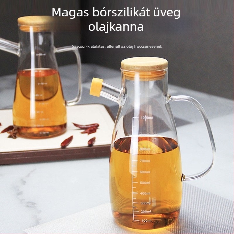 Konyhai olaj- és ecettartó boroszilikát üvegből, mérőskálával és fogantyúval