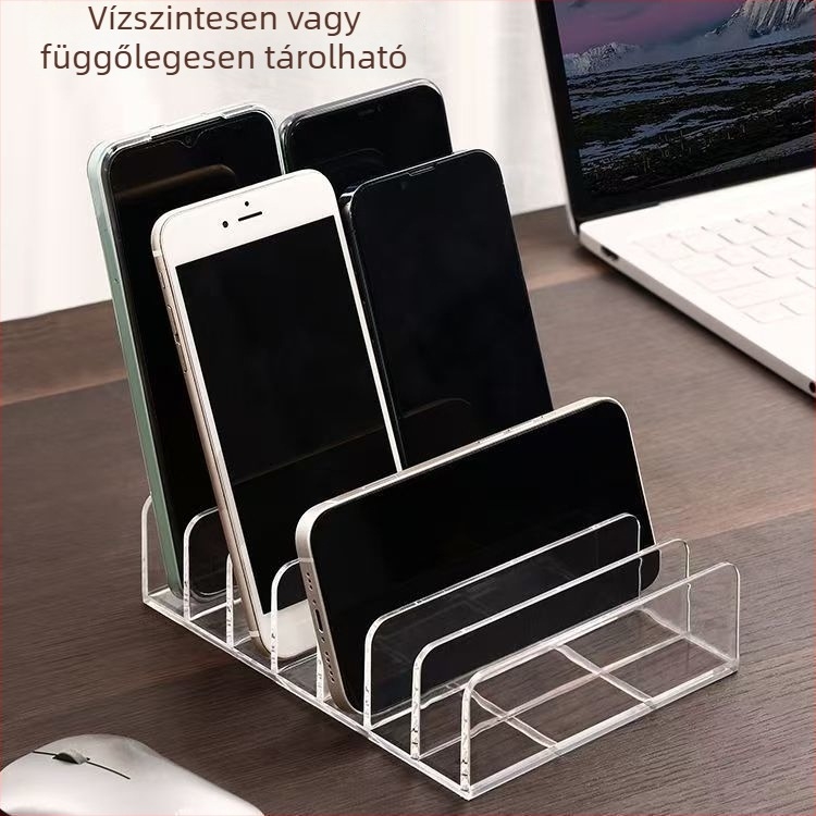 Asztali telefon-tároló – átlátszó többfunkciós kiállítási állvány, modell M-9312, PET műanyag, kapacitás 2L