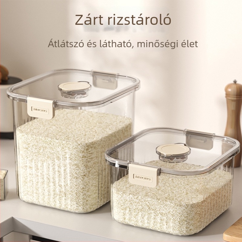 Rizstároló nedvesség- és kártevővédővel, nyomógombos fedéllel, műanyagból, 10 L felett