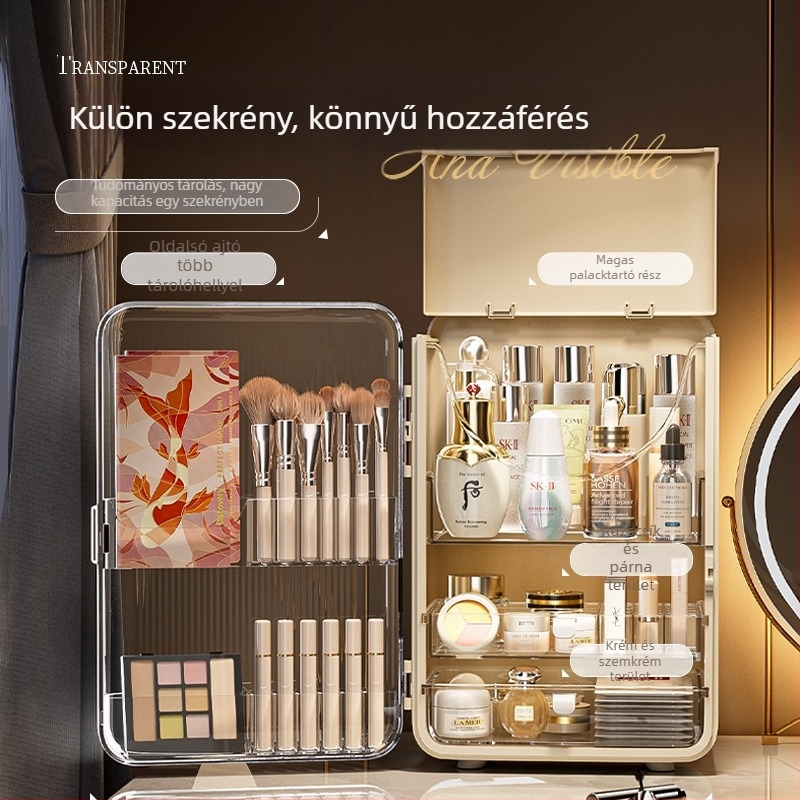 Fényes luxus stílusú kozmetikai tároló doboz porvédett sminkasztalhoz, asztali fiókos rendező, kapacitás 3-5 L