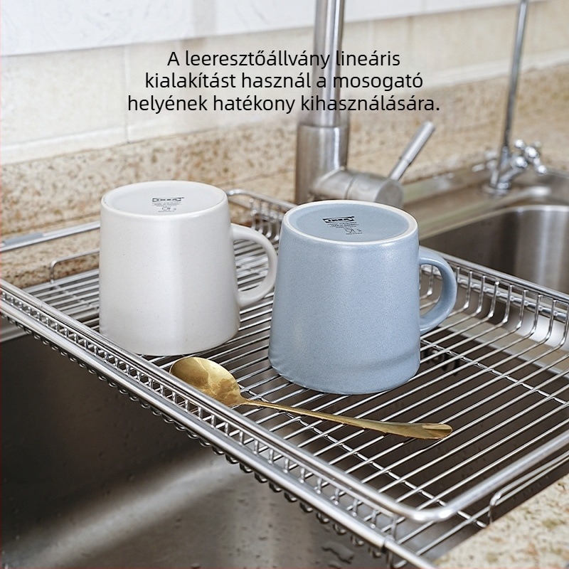 Kinyitható rozsdamentes acél mosogatódrén állvány edényekhez — modern minimalista konyhai tároló