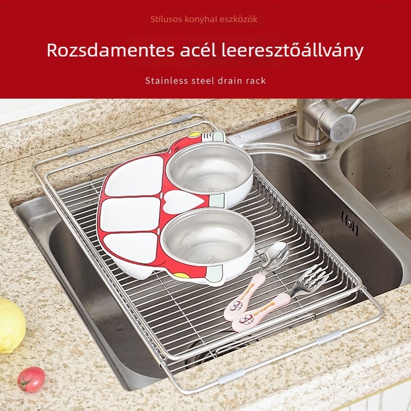 Kinyitható rozsdamentes acél mosogatódrén állvány edényekhez — modern minimalista konyhai tároló