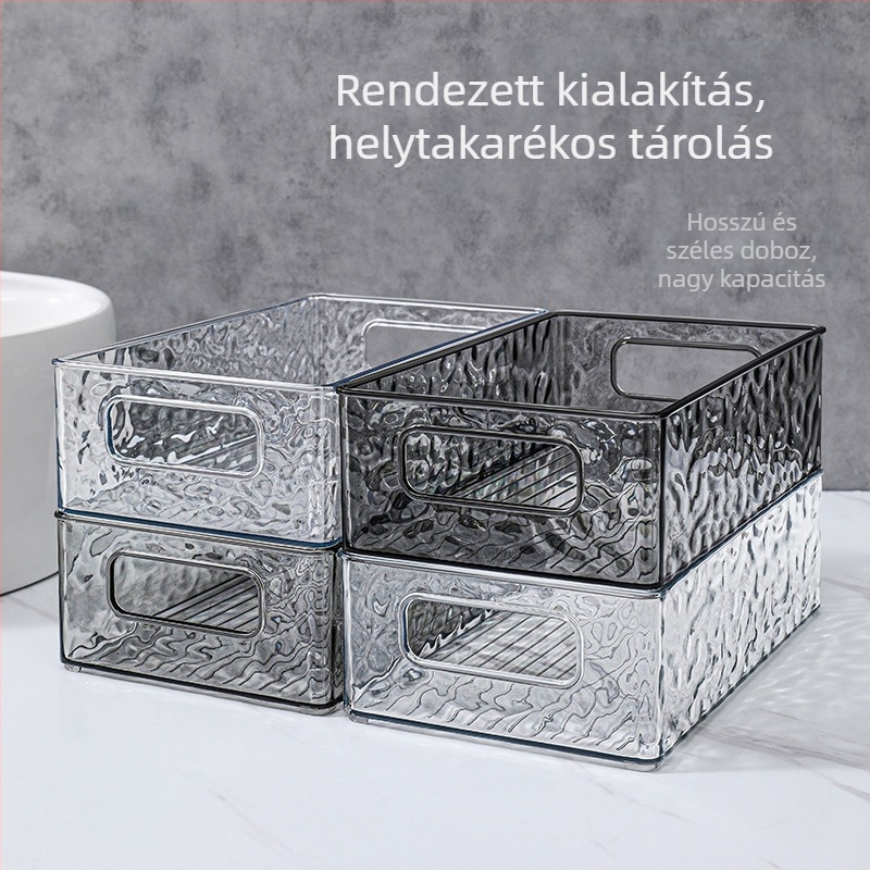 Fényűző, átlátszó gleccser mintás asztali tároló doboz PET műanyagból, téglalap alakú, 2 L kapacitás, egymásra rakható, kozmetikumok és otthoni rendszerezésre