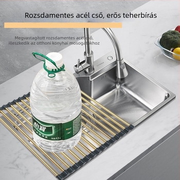Arany színű rozsdamentes acél leöblítő állvány szilikon szűrővel, összecsukható a mosogatóhoz