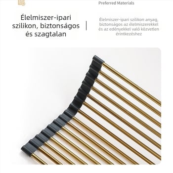 Arany színű rozsdamentes acél leöblítő állvány szilikon szűrővel, összecsukható a mosogatóhoz