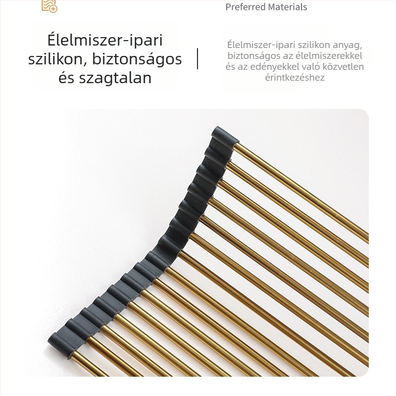 Arany színű rozsdamentes acél leöblítő állvány szilikon szűrővel, összecsukható a mosogatóhoz