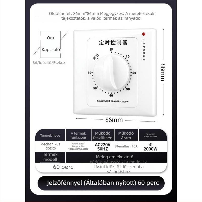 Mechanikus 60 perces időzítőkapcsoló, 220V, 86-os típusú vízszivattyú időzítő