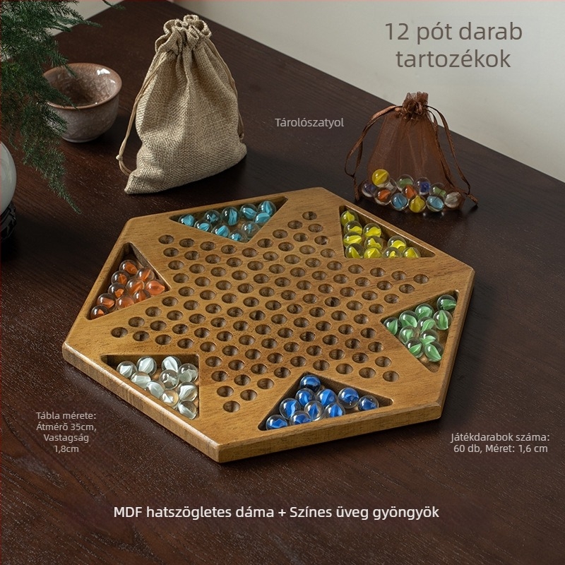 Fa kínai dáma készlet golyókkal — oktató játék, Yimu márka; 4–60 éveseknek; csomagolás: színes doboz