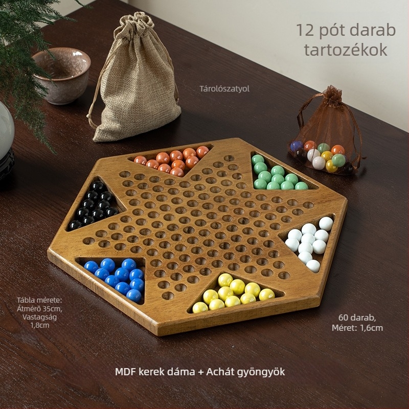 Fa kínai dáma készlet golyókkal — oktató játék, Yimu márka; 4–60 éveseknek; csomagolás: színes doboz