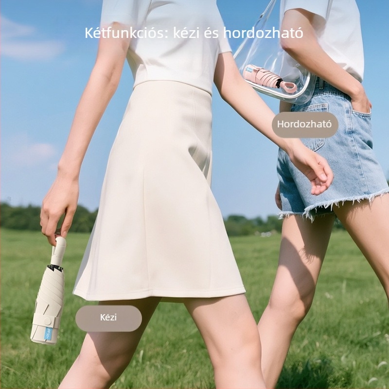 Kettős használatú nap- és eső elleni esernyő, hordozható öt részes összecsukható kivitel, szív alakú fogantyú, fekete UV-védő bevonat, női mini napernyő kapszula formájában