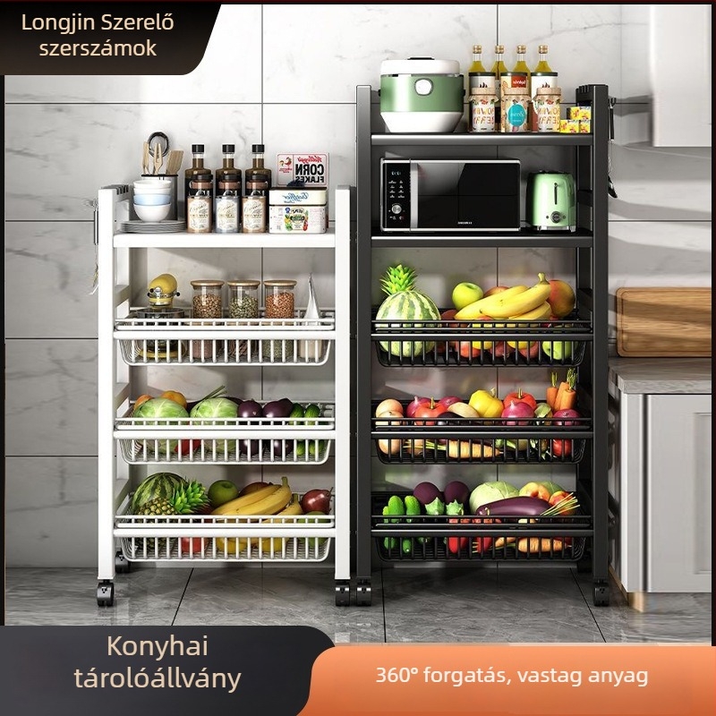 3‑rétegű padlón álló szénacél konyhai tárolóállvány, mozgatható, többfunkciós
