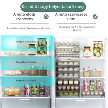 Gombóccal töltött tároló doboz hűtőszekrény fiókjához — átlátszó, többszintű rendező, PET anyag, tárolás
