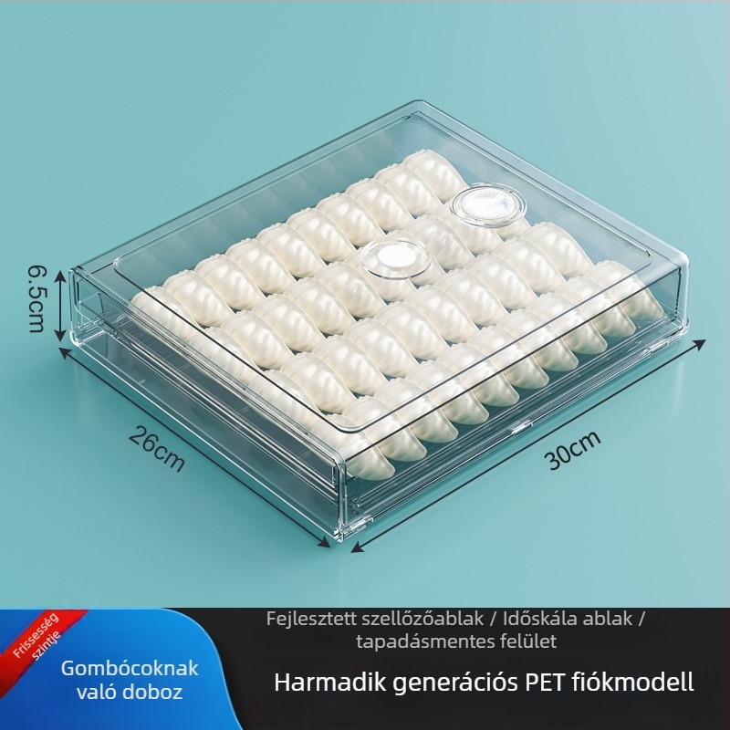 Gombóccal töltött tároló doboz hűtőszekrény fiókjához — átlátszó, többszintű rendező, PET anyag, tárolás
