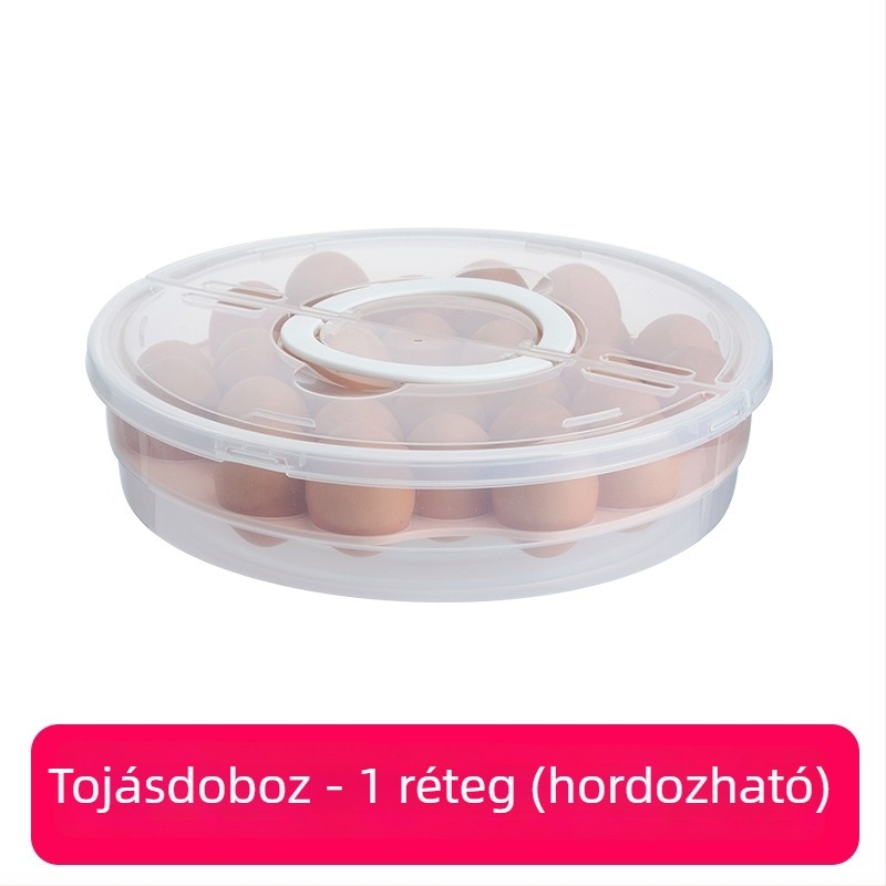 Kézben tartható kör alakú műanyag élelmiszer-tároló doboz, két szintű, dumplings, pizza és tojás számára