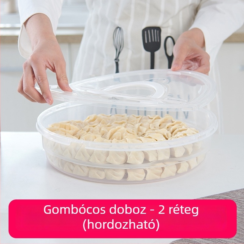 Kézben tartható kör alakú műanyag élelmiszer-tároló doboz, két szintű, dumplings, pizza és tojás számára