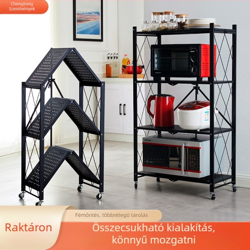 5‑rész összecsukható tároló állvány szénacélból, kerekekkel, padlóra álló, szerelés nélkül – konyha és erkély