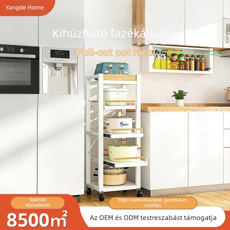 Konyhai padlón álló fazéktartó – 4 rétegű, állítható magasságú, görgős, edények rendező állvány