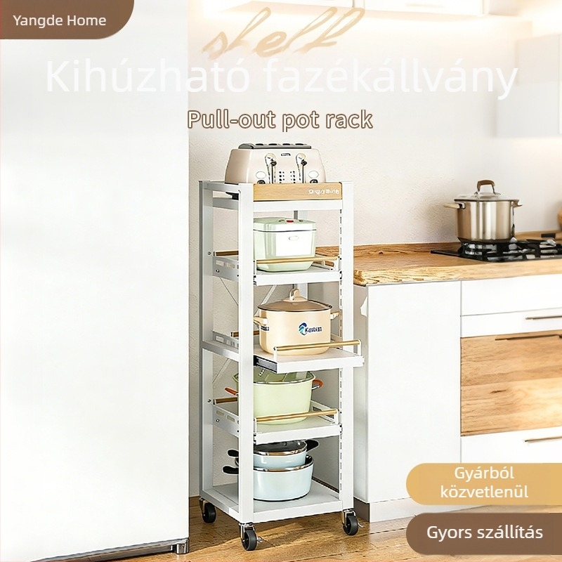 Konyhai padlón álló fazéktartó – 4 rétegű, állítható magasságú, görgős, edények rendező állvány