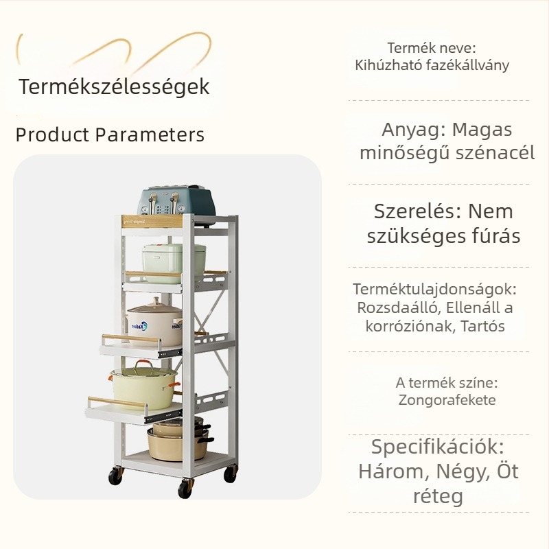 Konyhai padlón álló fazéktartó – 4 rétegű, állítható magasságú, görgős, edények rendező állvány